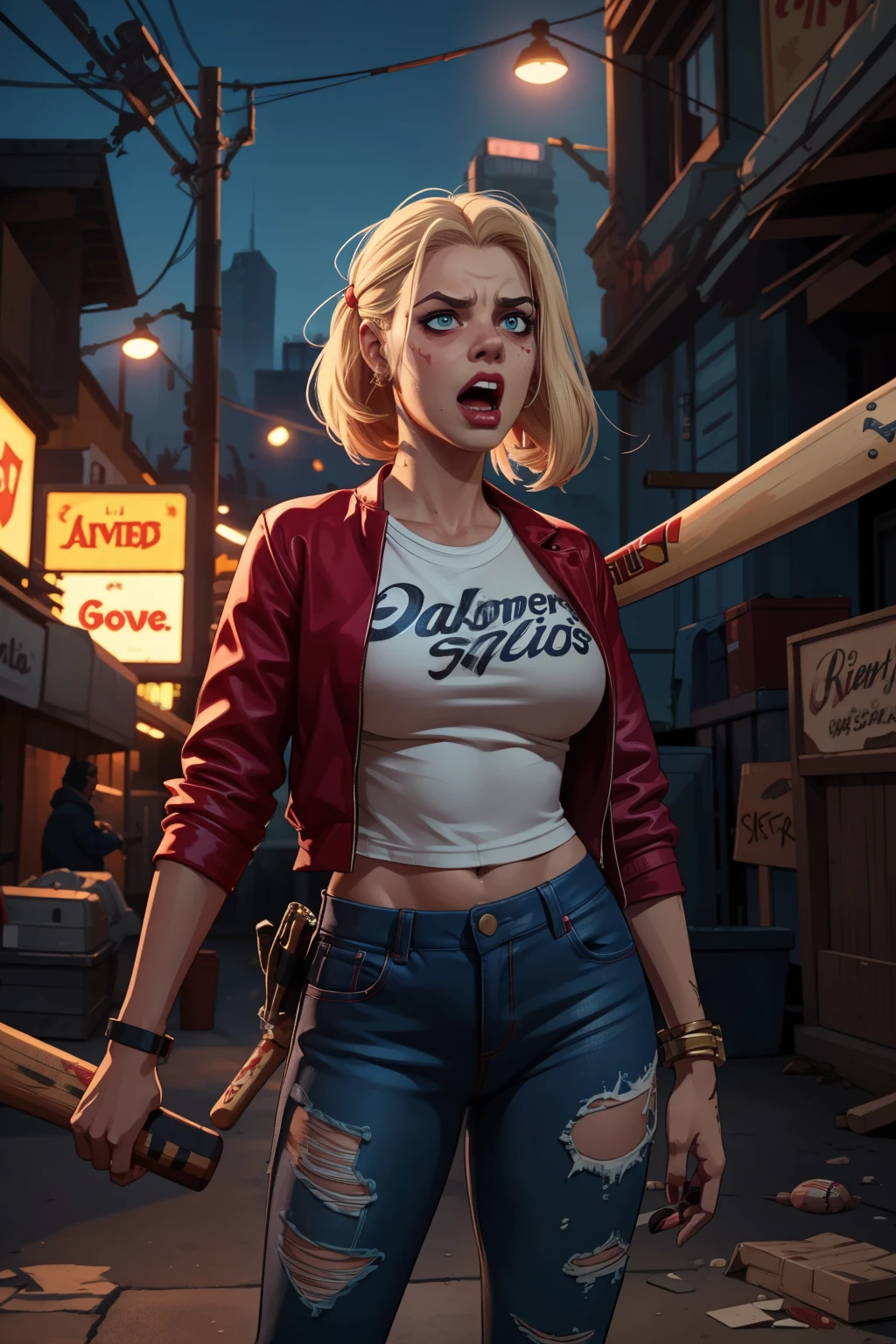 estilo GTA, tela de carregamento GTA, GTA art, Retrato de Harley Quinn in dynamic pose, in The Walking Dead style , (((baseball bat in hand))), ((mad facial expression)), crazy girl, rindo, noite, altamente detalhado, rosto detalhado, epic, high definition shooting, retrato digital, Lindo, Art Station, comiс style, ((hot body, hot girl, sensual, sexy)), comic, The Walking Dead style. ((a destroyed city background, fogo, smoke, blast)).