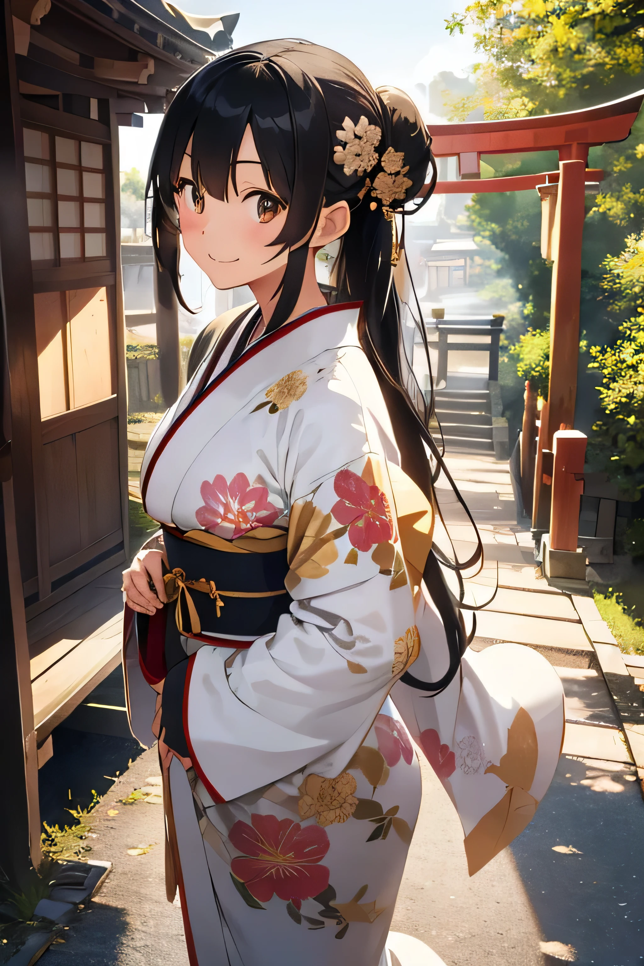 best image quality、cute illustration、(１black haired woman、slender body shape、small breasts、thin face、All long hair up-style、realistic woman、Kimono with white、Kimono long enough to cover the ankles、A luxurious kimono with many floral patterns and gold trim..、Furisode is long to the knees、thick and large obi decoration、or、ability)、smile、shrine、torii、in the morning、Light is shining from behind、(full body photo)