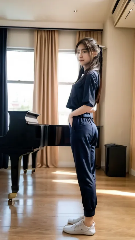 2 girls in the piano room, shirtเชิ้ตshort sleeveสีน้ําเงินกรมท่า,Navy Long Trackpant,(best quality,10,10,height,Masterpiece:1.2),very detailed,(realistic,ภาพrealistic,Realistic photos:1.37),shiny, ผิวshiny,only,A soft smile.,short sleeve,shirt, กางเกงLong...