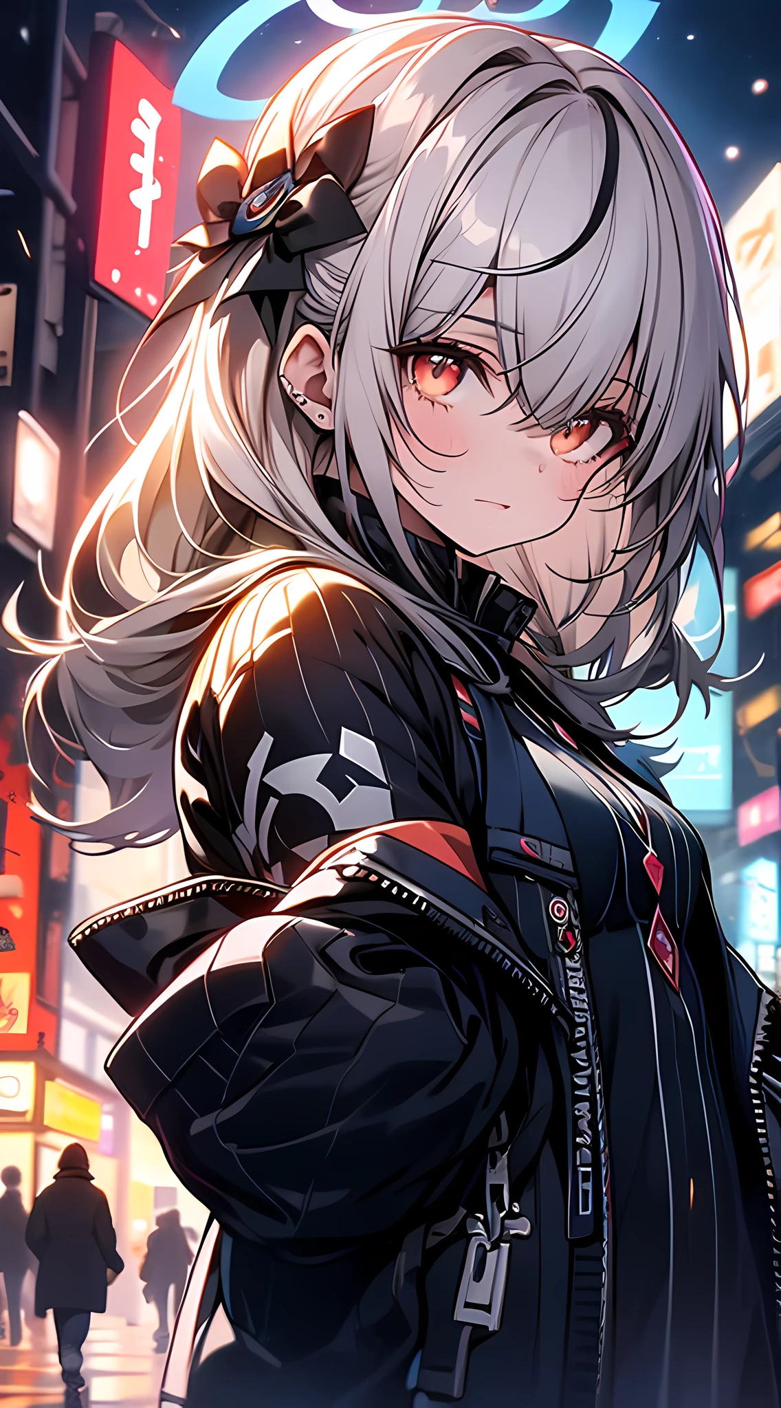 night, Colorful cyberpunk city background, rain, street girl, soul,Avalanche shock,, blue eyes, Bright Eyes, black socks, backlight, shine, Survey your audience, low angle shot, Look up at the camera, perfect composition, Perfect detail of light and shadow, 8k