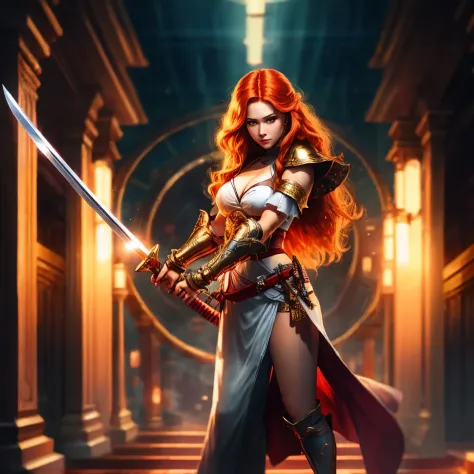  woman holding a sword in her hand, she is holding a katana, katana, a beautiful woman warrior,sexy, redhead, long hair, beautif...