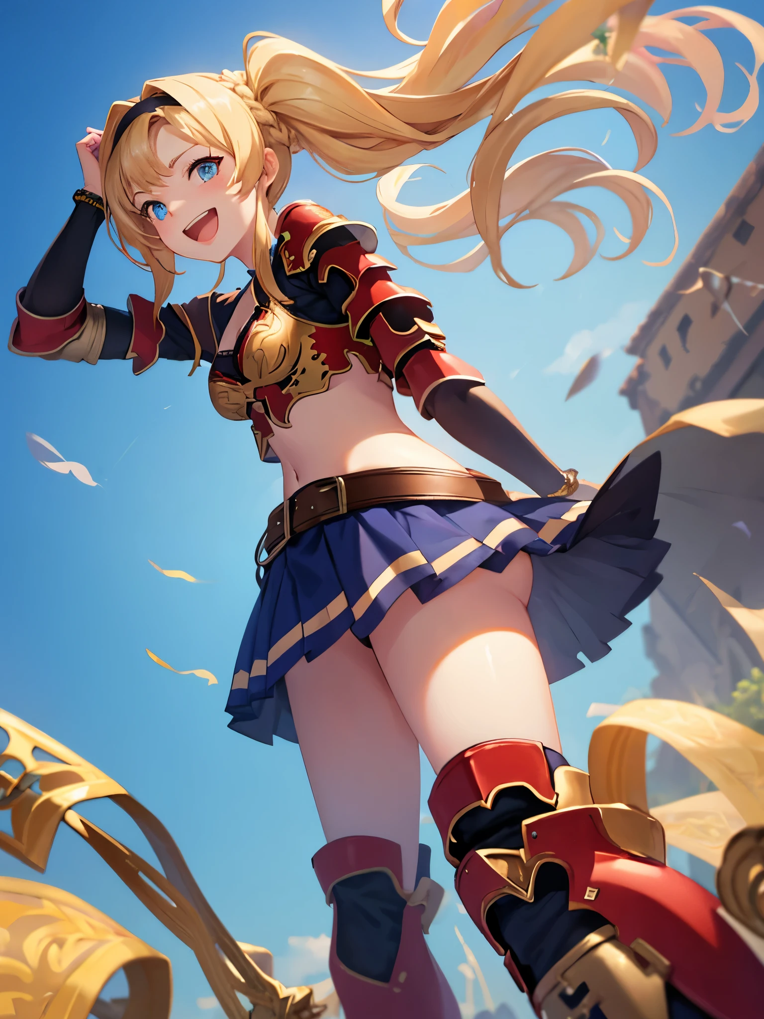 zetadef, braid, hair intakes, twintails, hairband, red armor, shoulder armor, skirt, thighhighs, gauntlets, belt, midriff, cleavage
naughty smile, open mouth,
,{{{stick out butt:2.0}}},learning forward,looking back over the shoulder,i can see panty
,look down at viewer, learning forward, looking down at viewer, (from below:1.2),{{{lower body shot1.5}}}, View from below, {{{View from the back:1.5}}}, very low - angle,
(Best Quality,masutepiece:1.3),absurderes,high resolution,absurderes, Perfect Skin, Detailed skin texture, ultra-detailliert, 8K, Intricate details, beautifull detailed face,hight resolution,