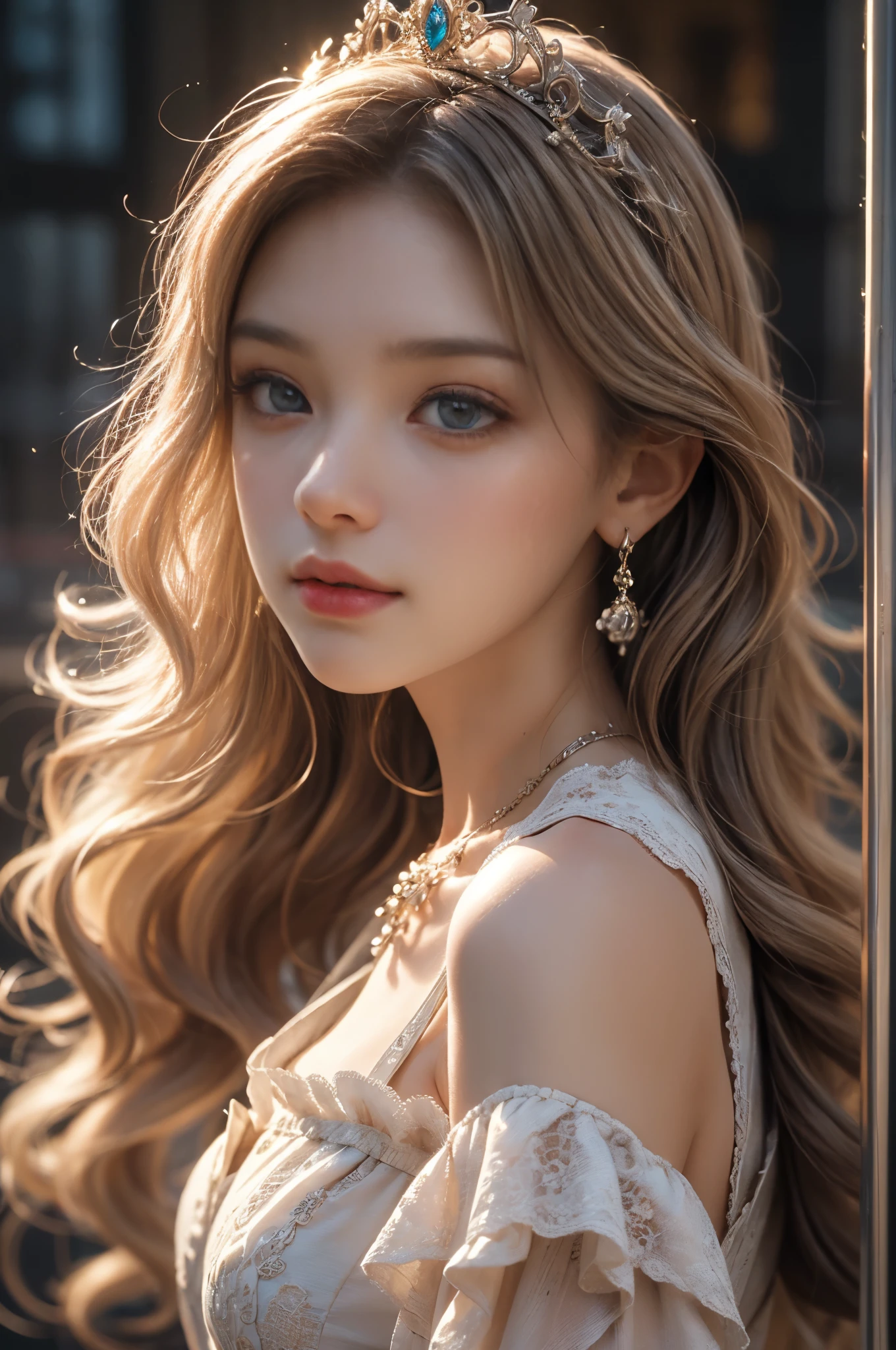 ((RAW shooting:1.5, realistic:1.5, 8K, highest quality, masterpiece, ultra high resolution)), Inside the luxurious British Royal Palace, professional camera work:1.3, Highly detailed skin and facial textures:1.3, glow light effect, Super detailed:1.3, cute 15 year old british princess, Fair skin, Glossy skin, (elegant:1.4, small face), Ultimate Cute Face:1.5, (cute eyes:0.9, looking far away), smile:1.0, (mouth is slightly open:0.4, Clean and refreshing taste:0.7), double eyelid, ((super long white blonde curly hair)), tiara, necklace and earrings, ((elegantで光沢のあるサテンのプリンセスドレスをオフショルダーで正しく着こなす方法)), big breasts, cowboy shot, ((sunrise, sunlight shining from behind:1.6, Strong sunlight spreads across the screen:1.6)), ((Strong sunlight shines on a woman:1.7))