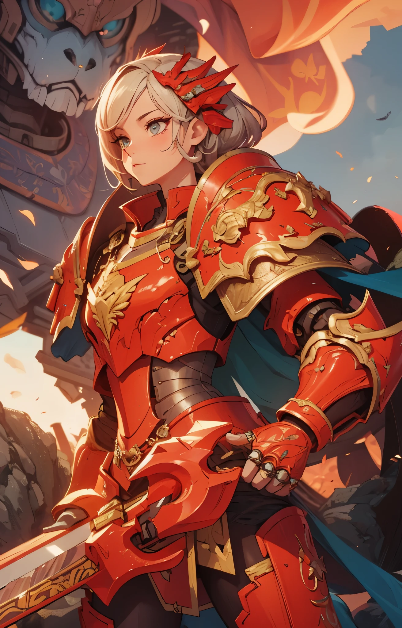 (detailed illustrations,Very detailed and precise drawing,Delicate drawn lines with tempo,Realistic texture expression),[color traced main line],(Fantasy World Battlefield Background [burning castle]),((ROBOT GIRL)(red knight[muscular][[METALFACE[clear lenticular iris]]])[WEAPON MACHINE[Princess Knight]]),[[corinthian helmet]][red dragon armor[scale][embroidered cloak]],[Crimson dragon pattern],[use a sword as a weapon],[[Mobile Weapon Gigant Size][science fiction mechanical]],((Gorgeous metallic red armor)),(intricate and beautiful decoration [Dense detail]),[transparency],(Precisely drawn face)[Perfect eyes detailed(Beautifully detailed iris)[eyes like jewels]],[long and beautiful eyelashes],[precisely drawn hair [Beautiful and lustrous hair detailed]],(Perfectly hand detailed [Beautiful fingers with no damage [beautiful nails]]),(perfect anatomy(perfectly balanced proportions))[[full body portrait]],[ideal color coordination(Accurate simulation of light and material interactions)],([Precision Detail](detailed,High definition)),[Visual art that tells a story].