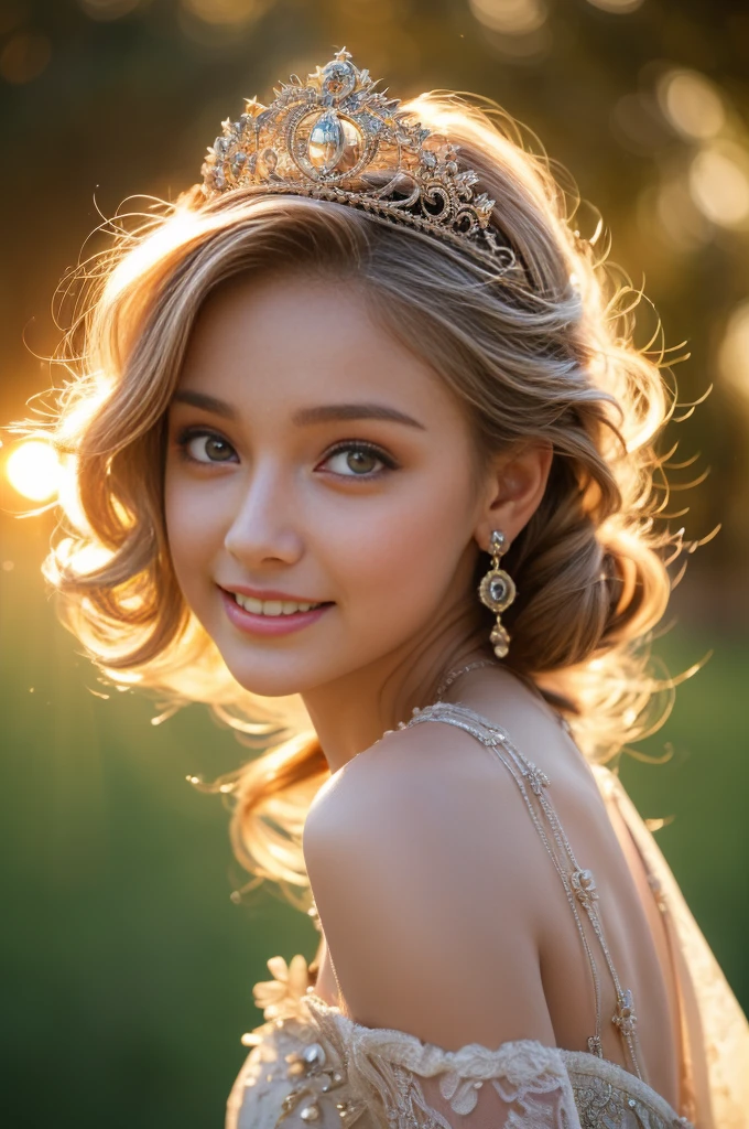 ((RAW shooting:1.5, realistic:1.5, 8k, highest quality, masterpiece, ultra high resolution)), Inside the luxurious British Royal Palace, professional camera work:1.3, Highly detailed skin and facial textures:1.3, glow light effect, Super detailed:1.3, cute  british princess, Fair skin, Glossy skin, (elegant:1.4, small face), Ultimate Cute Face:1.5, (cute eyes:0.9, looking far away), smile:1.0, (mouth is slightly open:0.4, Clean and refreshing taste:0.7), double eyelid, ((super long white blonde curly hair)), tiara, necklace and earrings, ((How to wear an elegant and shiny satin princess dress off the shoulders correctly)), big breasts, cowboy shot, ((sunrise, sunlight shining from behind:1.6, Strong sunlight spreads across the screen:1.6)), ((Strong sunlight shines on a woman:1.7))