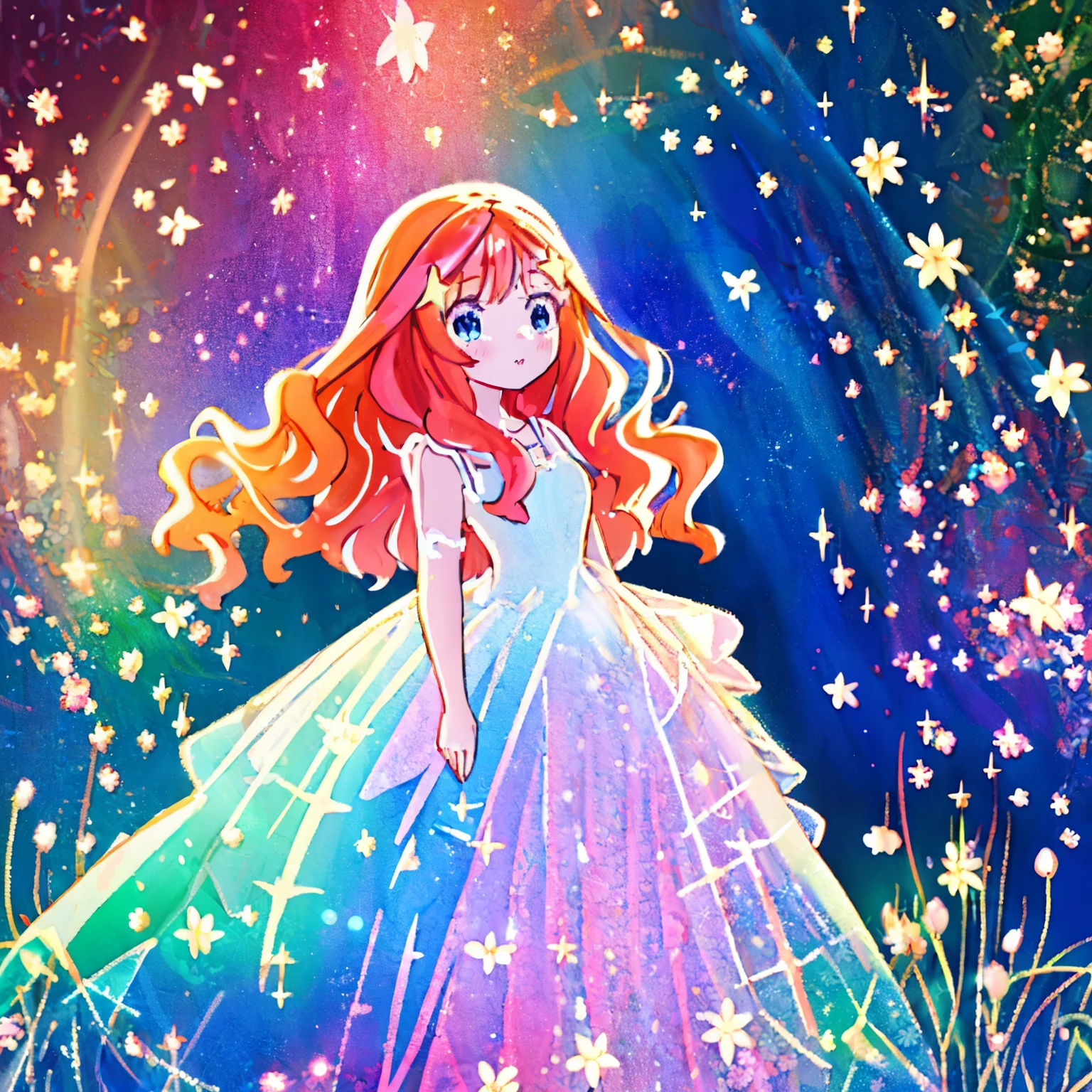 beautiful girl in flowing ballgown dress, (glowing fairy wings), glowing flowing ballgown, long wavy hair, sparkling fairy wings, watercolor illustration, flowers and colorful plants, inspired by Glen Keane, inspired by Lois van Baarle, disney art style, by Lois van Baarle, glowing aura around her, by Glen Keane, Itsuki Nakano, long fluffy red hair, blue eyes, nakano_itsuki,  jen bartel, glowing lights! digital painting, flowing glowing hair, glowing flowing hair, star hairclips, 5-pointed star hairclips, beautiful digital illustration, fantasia otherworldly landscape plants flowers, beautiful, masterpiece, best quality, anime disney style