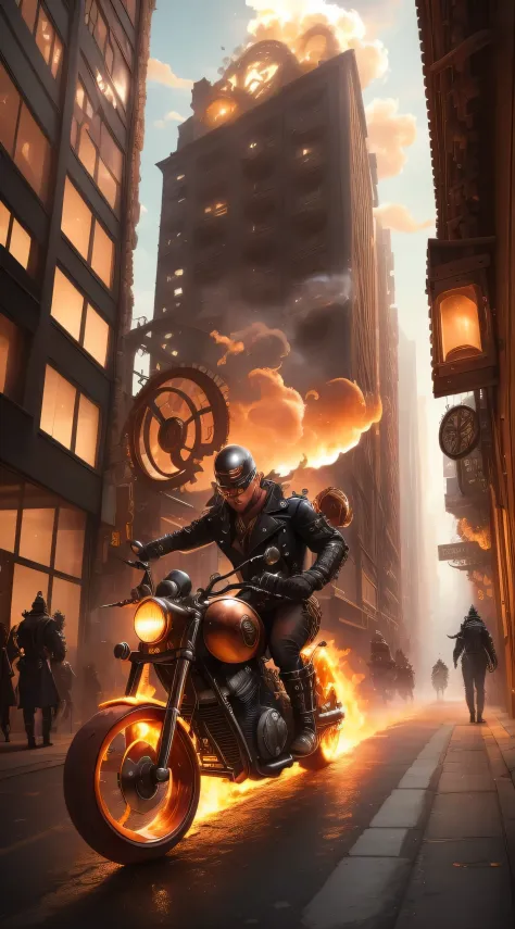 A steampunk motorcycle, with wheels on fire, riding through a steampunk city. The bike is the main focus, with intricate gears a...