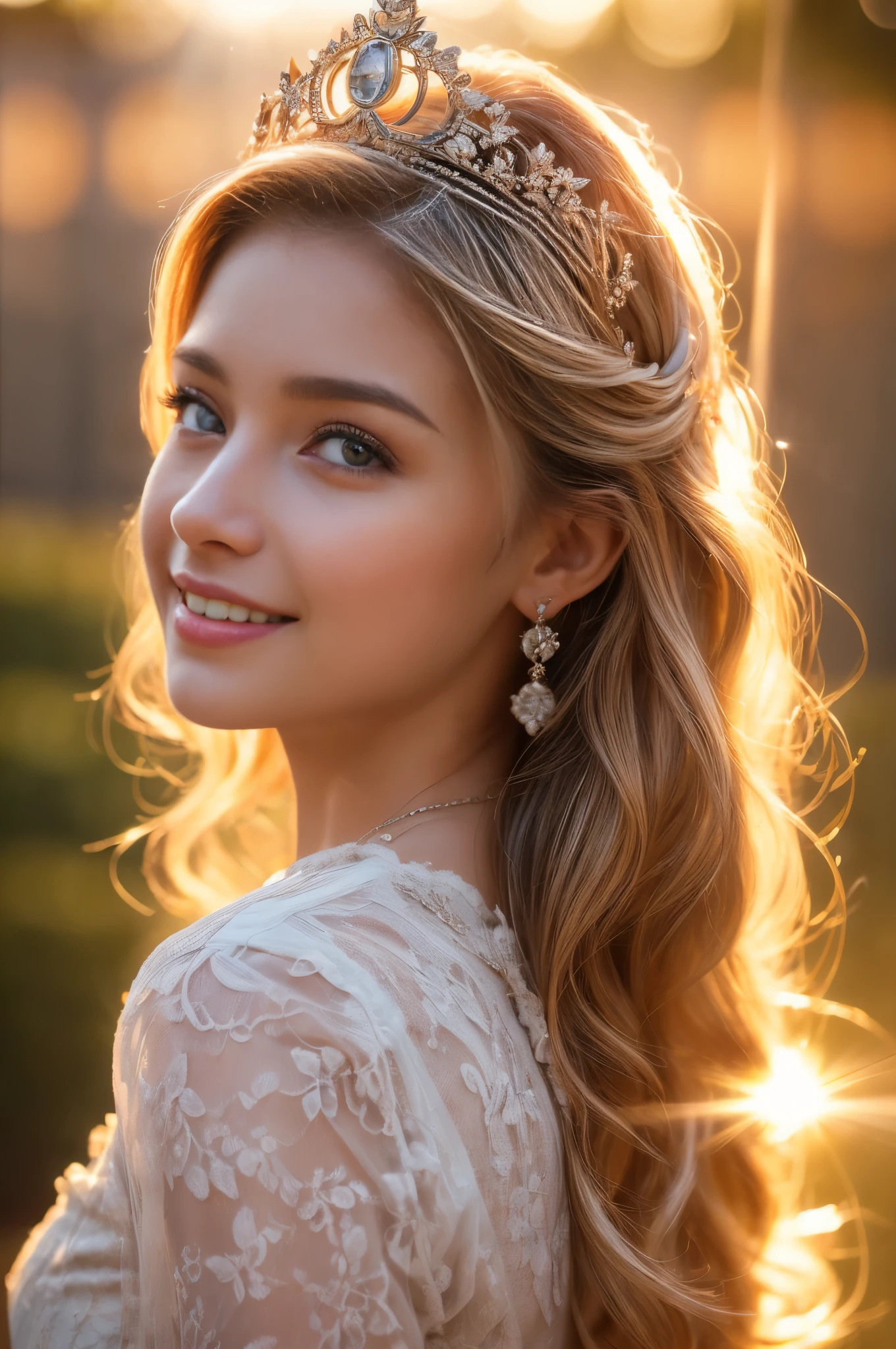 ((RAW shooting:1.5, realistic:1.5, 8k, highest quality, masterpiece, ultra high resolution)), Inside the luxurious British Royal Palace, professional camera work:1.3, Highly detailed skin and facial textures:1.3, glow light effect, Super detailed:1.3, cute  british princess, Fair skin, Glossy skin, (elegant:1.4, small face), Ultimate Cute Face:1.5, (cute eyes:0.9, looking far away), smile:1.0, (mouth is slightly open:0.4, Clean and refreshing taste:0.7), double eyelid, ((super long white blonde curly hair)), tiara, necklace and earrings, ((How to wear an elegant and shiny satin princess dress off the shoulders correctly)), big breasts, cowboy shot, ((sunrise, sunlight shining from behind:1.6, Strong sunlight spreads across the screen:1.6)), ((Strong sunlight shines on a woman:1.7))