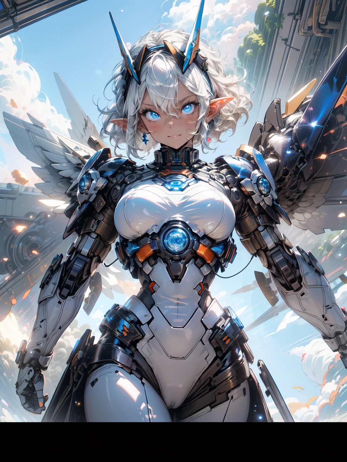 (masterpiece, highest quality, wonderful, very detailedティッカーユニティ、8k wallpaper, written boundary depth, Ultra-thin illustration:1.5)、3D, very detailed, (whole body、Mecha elf girl:1.3), sci-fi battlefield, Hawken, smile, open your mouth, short ponytail hair, (white blonde hair, deep blue eyes:1.2), sparkling eyes, cute顔, cute, big breasts, delicate hair, messy hair, (((Flying high in the sky))、blue sky, White cloud), shiny hair, shiny skin, (Symmetrical mechanical winetallic colored mechanical wings that are widely expanded to the left and right so that they protrude wonderfully from the screen, headgear, white hair ornament), (particles of light, cinematic lighting: 1.3), (pale pink lips: 0.8), by Yusuke Murata.