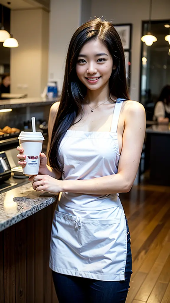 detailed, 8K, photorealistic, ideal ratio body proportions, ((Japanese girl)), {{{wearing apron}}}, {girl work at a coffee shop}...