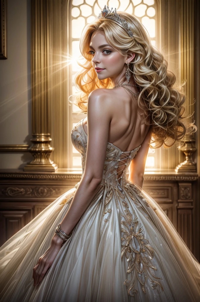 ((RAW shooting:1.5, realistic:1.5, 8K, highest quality, masterpiece, ultra high resolution)), Inside the luxurious British Royal Palace, professional camera work:1.3, Highly detailed skin and facial textures:1.3, glow light effect, Super detailed:1.3, cute 15 year old british princess, Fair skin, Glossy skin, (elegant:1.4, small face), Ultimate Cute Face:1.5, (cute eyes:0.9, looking far away), smile:1.0, (mouth is slightly open:0.4, Clean and refreshing taste:0.7), double eyelid, ((super long white blonde curly hair)), tiara, necklace and earrings, ((elegantで光沢のあるサテンのプリンセスドレスをオフショルダーで正しく着こなす方法)), big breasts, cowboy shot, ((sunrise, sunlight shining from behind:1.6, Strong sunlight spreads across the screen:1.6)), ((Strong sunlight shines on a woman:1.7))