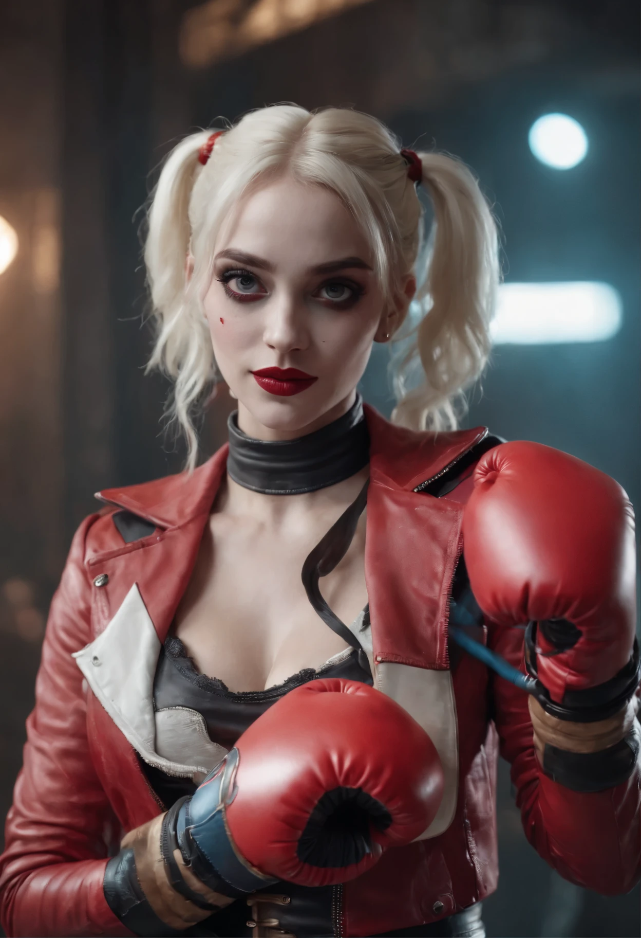 Harley harley lleva una chaqueta de cuero roja y guantes de boxeo - SeaArt  AI