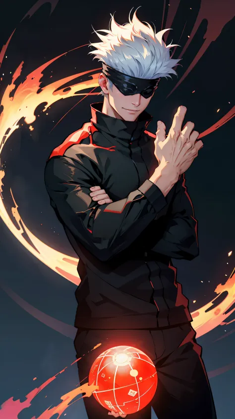1boy, satoru gojo, blindfold, black outfit, white hair, standing, red cursed energy ball in right hand,blue cursed energy ball i...