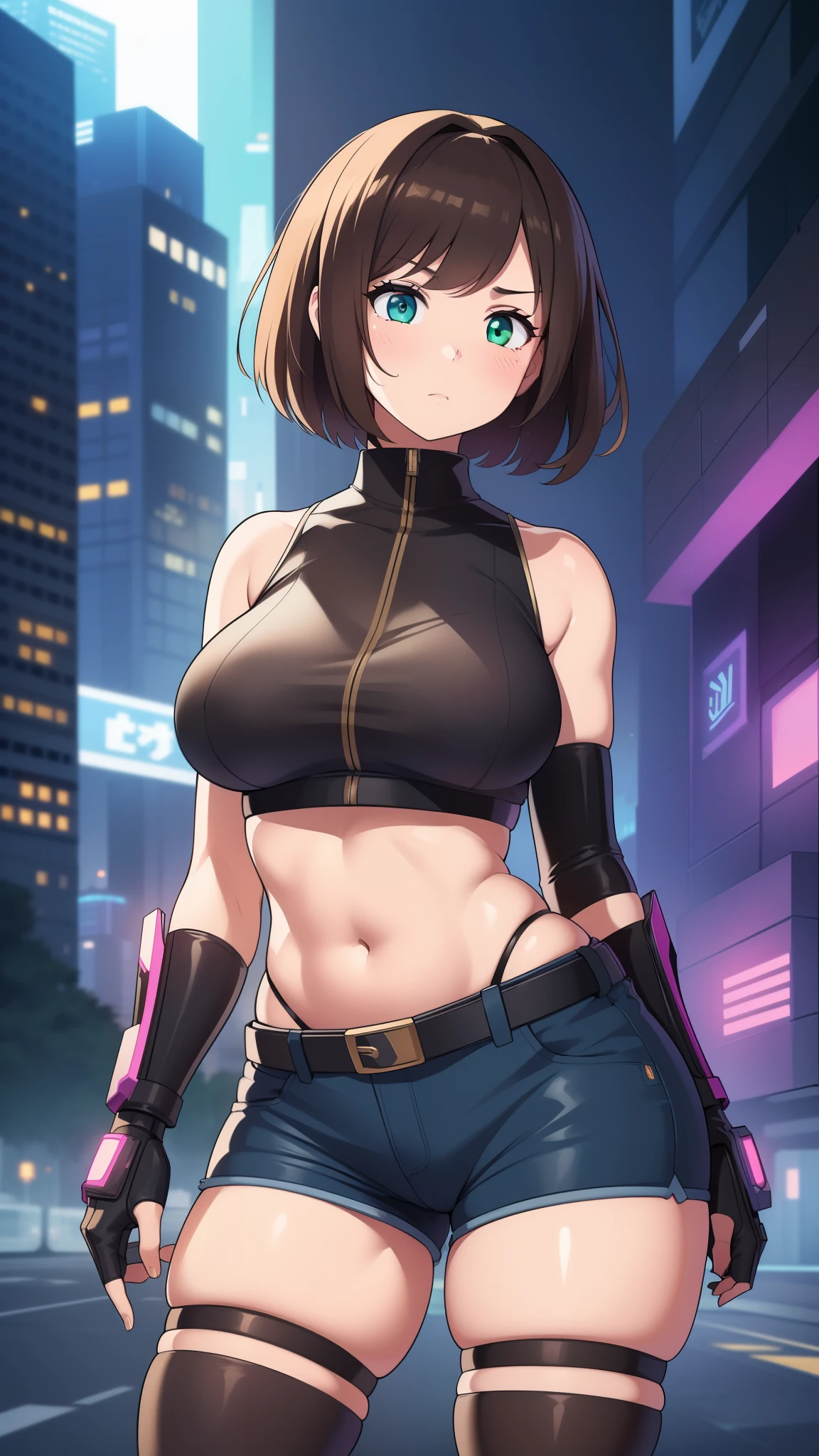 ((Masterpiece)), perfect anatomy, perfect shading, field of depth, (best quality), extremely delicate and beautiful, perfect lighting, detailed face, ultra cute face, cute, (cowboy shot 1.2), looking at viewer, full body, (((1girl))), (((solo))), furture,

Short hair, brown hair, fluffy hair, green eyes, (blush), (crop top 1.5), (shorts 1.5), thigh highs, 
Futuristic clothing, 

Neon lights, futuristic city, cyber punk
