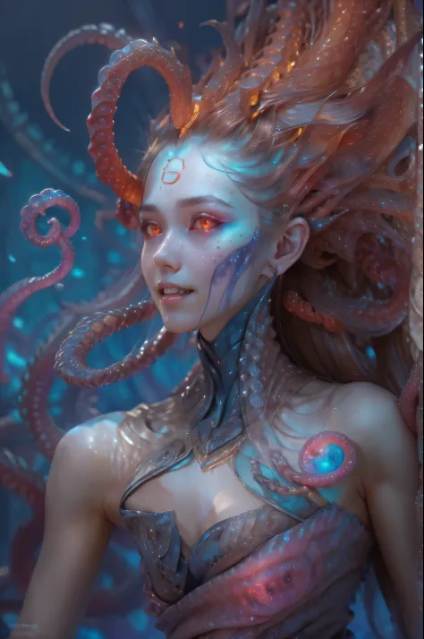 scary and sexy detailed art in color, portrait, (beautiful and obscene female alien:1.4), (vulgarity1.5), (she has red eyes with...