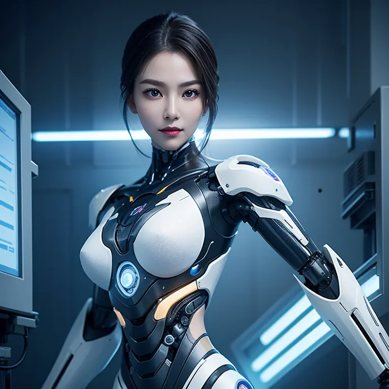 bio-mechanical style, Cyborg robot(female), beautiful robot assembled in a laboratory (future), hyper-realistic digital, fantast...