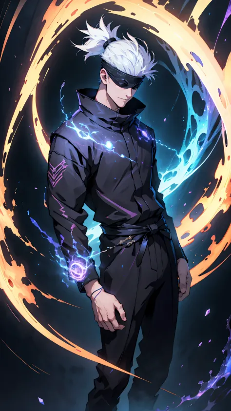 1boy, full body shot, satoru gojo, blindfold, black outfit, white hair, battle stand, red magic energy oid in right,blue magic e...