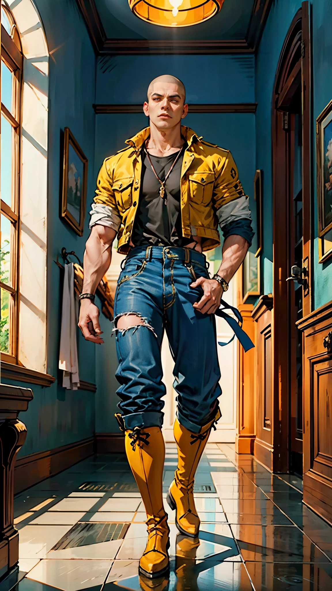 In the backdrop of an ancient fantasy-reality setting, a youth sporting a platinum crew cut displays a piercing gaze and confident demeanor. Adorned in a two-piece fusion outfit, seamlessly blending Western and Eastern influences, he wears a snug dark top paired with a vibrant yellow-blue short jacket. The lower half features loose white utility pants, and his sturdy long boots echo through the corridors of an antiquated architectural landscape. The overall aesthetic captures the essence of a refined and mature anime-inspired  rogue, symmetrical face, extremely detailed eyes and face, high quality eyes, high definition, highres, ultra-fine painting, exquisite and mature, extremely delicate, professional, anatomically correct, creativity, UHD, HDR, 32k, Natural light, cinematic lighting, best shadow, masterpiece-anatomy-perfect, best quality, masterpiece, ultra-detailed