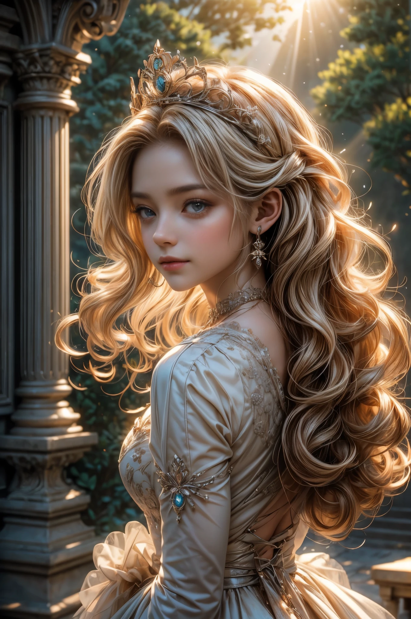 ((RAW shooting:1.5, realistic:1.5, 8K, highest quality, masterpiece, ultra high resolution)), Inside the luxurious British Royal Palace, professional camera work:1.3, Highly detailed skin and facial textures:1.3, glow light effect, Super detailed:1.3, cute 15 year old british princess, Fair skin, Glossy skin, (elegant:1.4, small face), Ultimate Cute Face:1.5, (cute eyes:0.9, looking far away), smile:1.0, (mouth slightly open:0.4, Cute mouth:0.7), double eyelid, ((super long white blonde curly hair)), tiara, necklace and earrings, ((elegantで光沢のあるサテンのプリンセスドレスをオフショルダーで正しく着こなす方法)), big breasts, cowboy shot, ((sunrise, sunlight shining from behind:1.6, Strong sunlight spreads across the screen:1.6)), ((Strong sunlight shines on a woman:1.7))