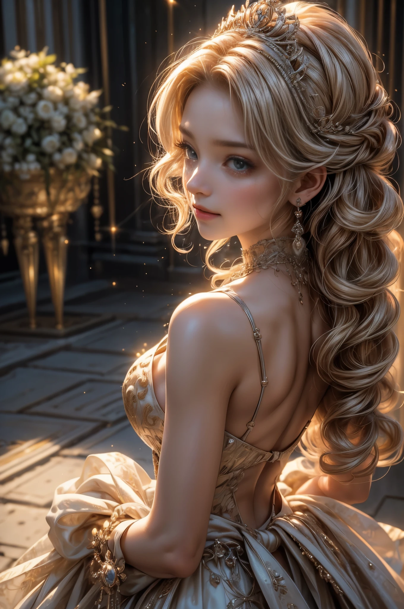 ((RAW shooting:1.5, realistic:1.5, 8K, highest quality, masterpiece, ultra high resolution)), Inside the luxurious British Royal Palace, professional camera work:1.3, Highly detailed skin and facial textures:1.3, glow light effect, Super detailed:1.3, cute 15 year old british princess, Fair skin, Glossy skin, (elegant:1.4, small face), Ultimate Cute Face:1.5, (cute eyes:0.9, looking far away), smile:1.0, (mouth slightly open:0.4, Cute mouth:0.7), double eyelid, ((super long white blonde curly hair)), tiara, necklace and earrings, ((elegantで光沢のあるサテンのプリンセスドレスをオフショルダーで正しく着こなす方法)), big breasts, cowboy shot, ((sunrise, sunlight shining from behind:1.6, Strong sunlight spreads across the screen:1.6)), ((Strong sunlight shines on a woman:1.7))