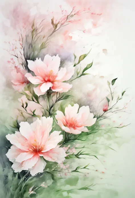 This watercolor flower painting presents an elegant and fresh visual effect。Wild flowers and peach blossoms intertwined in the f...