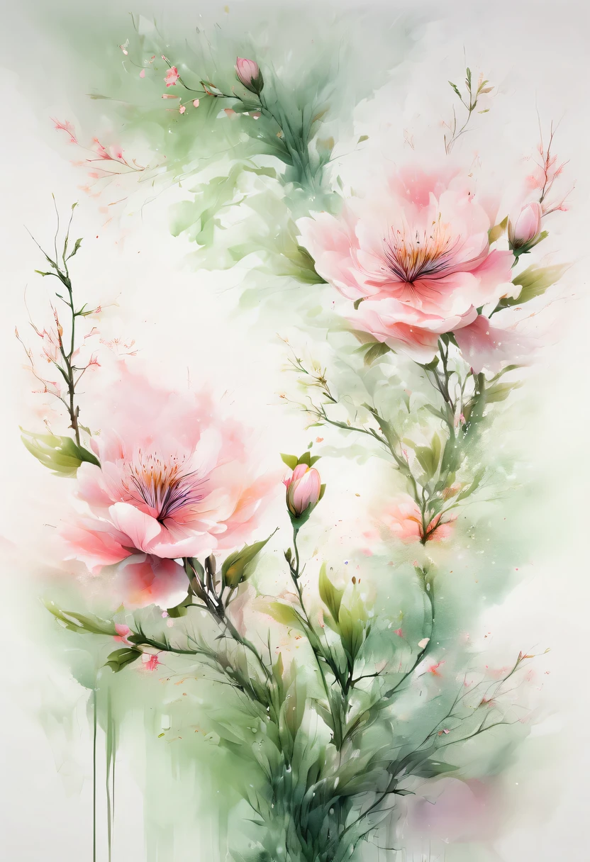 This watercolor flower painting presents an elegant and fresh visual effect。Wild flowers and peach blossoms intertwined in the fields，Forming the perfect combination of nature and romance。The screen is dominated by a white background，Highlight isolated watercolor flower。Splash technology recreates wet conditions，The atmosphere seems vague and dreamy。Unique composition and abstract expression add to the artistic feel of the picture，Contains elements of surrealism。The overall color tone is mainly light tones，Pale pink and green complement each other，Show high-resolution details。The splash-ink effect adds a touch of agility to the picture，The light color gives the flowers a deep and restrained beauty.。