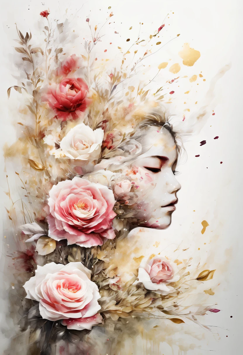 Esta pintura de flores em aquarela apresenta um efeito visual elegante e fresco。Flores silvestres e rosas no campo，Formando a combinação perfeita de natureza e romance。A tela é dominada por um fundo branco，Destaque flor aquarela isolada。A tecnologia Splash recria condições molhadas，A atmosfera parece vaga e sonhadora。Composição única e expressão abstrata contribuem para a sensação artística da imagem，Contém elementos do surrealismo。O tom geral da cor é principalmente tons claros，Vermelho e dourado se complementam，Mostrar detalhes em alta resolução。O efeito splash-ink adiciona um toque de agilidade à imagem，A cor clara confere às flores uma beleza profunda e contida.
