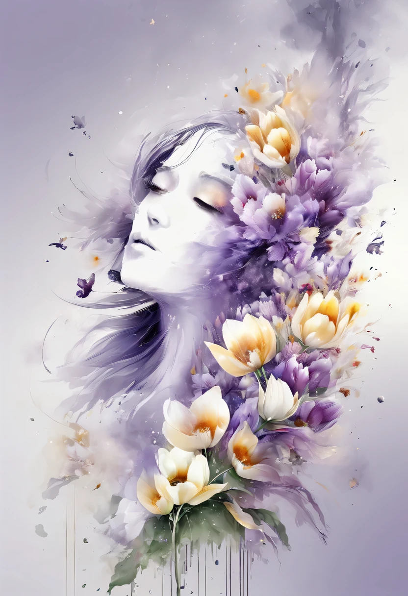 Cette peinture florale à l&#39;aquarelle présente un effet visuel élégant et frais。Champ de fleurs sauvages et de tulipes，Formant la combinaison parfaite de nature et de romance。L&#39;écran est dominé par un fond blanc，Mettre en surbrillance une fleur aquarelle isolée。La technologie Splash recrée les conditions humides，L&#39;atmosphère semble vague et rêveuse。Une composition unique et une expression abstraite ajoutent à la sensation artistique de l&#39;image，Contient des éléments du surréalisme。La tonalité générale des couleurs est principalement des tons clairs，Le violet et l&#39;or se complètent à merveille，Afficher les détails en haute résolution。L&#39;effet splash-ink ajoute une touche d&#39;agilité à l&#39;image，La couleur claire donne aux fleurs une beauté profonde et sobre.