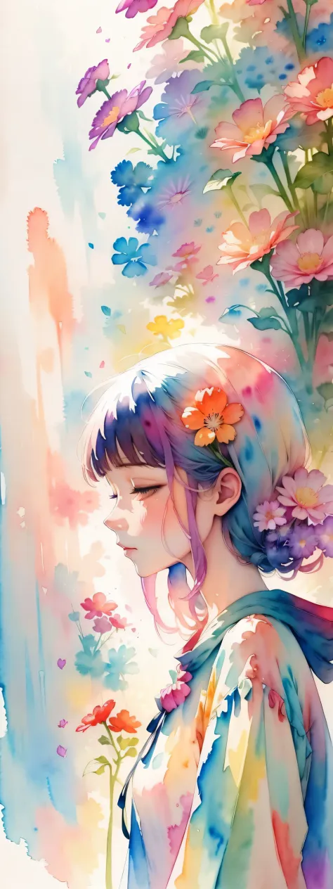 watercolor art, (watercolor painting: In this ethereal scenery, colorful flowers), Dreams and reality are intertwined. The air i...