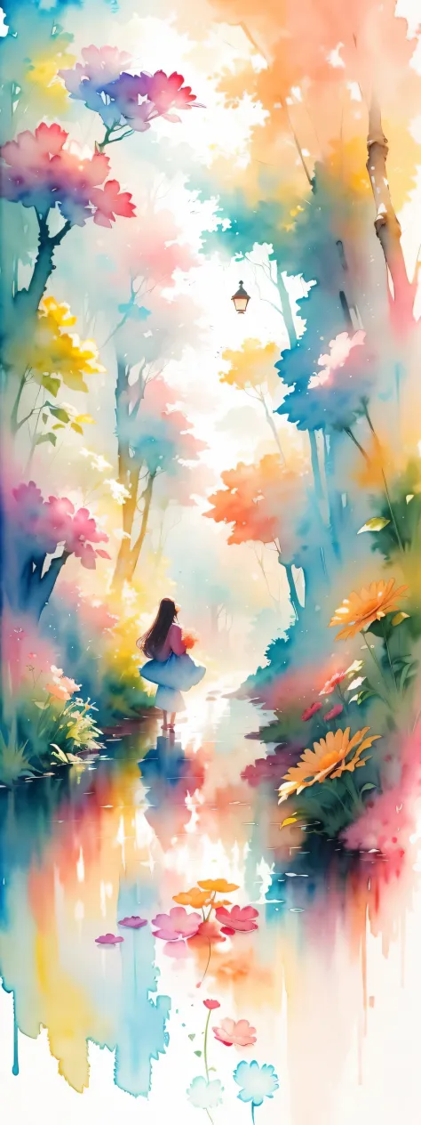 watercolor art, (watercolor painting: In this ethereal scenery, colorful flowers), Dreams and reality are intertwined. The air i...