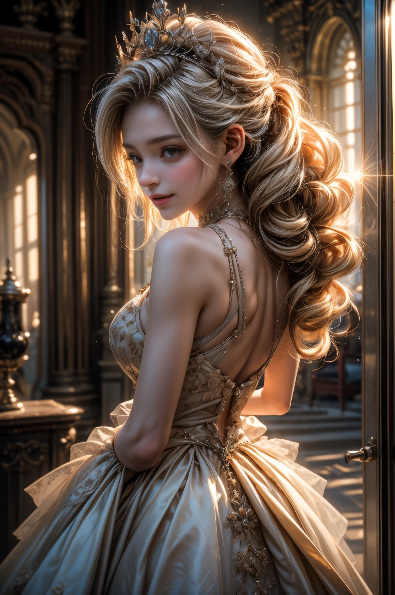 ((RAW shooting:1.5, realistic:1.5, 8K, highest quality, masterpiece, ultra high resolution)), Inside the luxurious British Royal Palace, professional camera work:1.3, Highly detailed skin and facial textures:1.3, glow light effect, Super detailed:1.3, cute 15 year old british princess, Fair skin, Glossy skin, (elegant:1.4, small face), Ultimate Cute Face:1.5, (cute eyes:0.9, looking far away), smile:1.0, (mouth slightly open:0.4, Cute mouth:0.7), double eyelid, ((super long white blonde curly hair)), tiara, necklace and earrings, ((elegantで光沢のあるサテンのプリンセスドレスをオフショルダーで正しく着こなす方法)), big breasts, cowboy shot, ((sunrise, sunlight shining from behind:1.6, Strong sunlight spreads across the screen:1.6)), ((Strong sunlight shines on a woman:1.7))