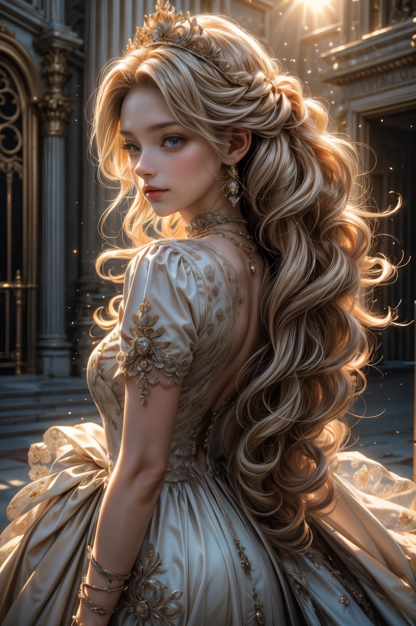 ((RAW shooting:1.5, realistic:1.5, 8K, highest quality, masterpiece, ultra high resolution)), Inside the luxurious British Royal Palace, professional camera work:1.3, Highly detailed skin and facial textures:1.3, glow light effect, Super detailed:1.3, cute 15 year old british princess, Fair skin, Glossy skin, (elegant:1.4, small face), Ultimate Cute Face:1.5, (cute eyes:0.9, looking far away), smile:1.0, (mouth slightly open:0.4, Cute mouth:0.7), double eyelid, ((super long white blonde curly hair)), tiara, necklace and earrings, ((elegantで光沢のあるサテンのプリンセスドレスをオフショルダーで正しく着こなす方法)), big breasts, cowboy shot, ((sunrise, sunlight shining from behind:1.6, Strong sunlight spreads across the screen:1.6)), ((Strong sunlight shines on a woman:1.7))