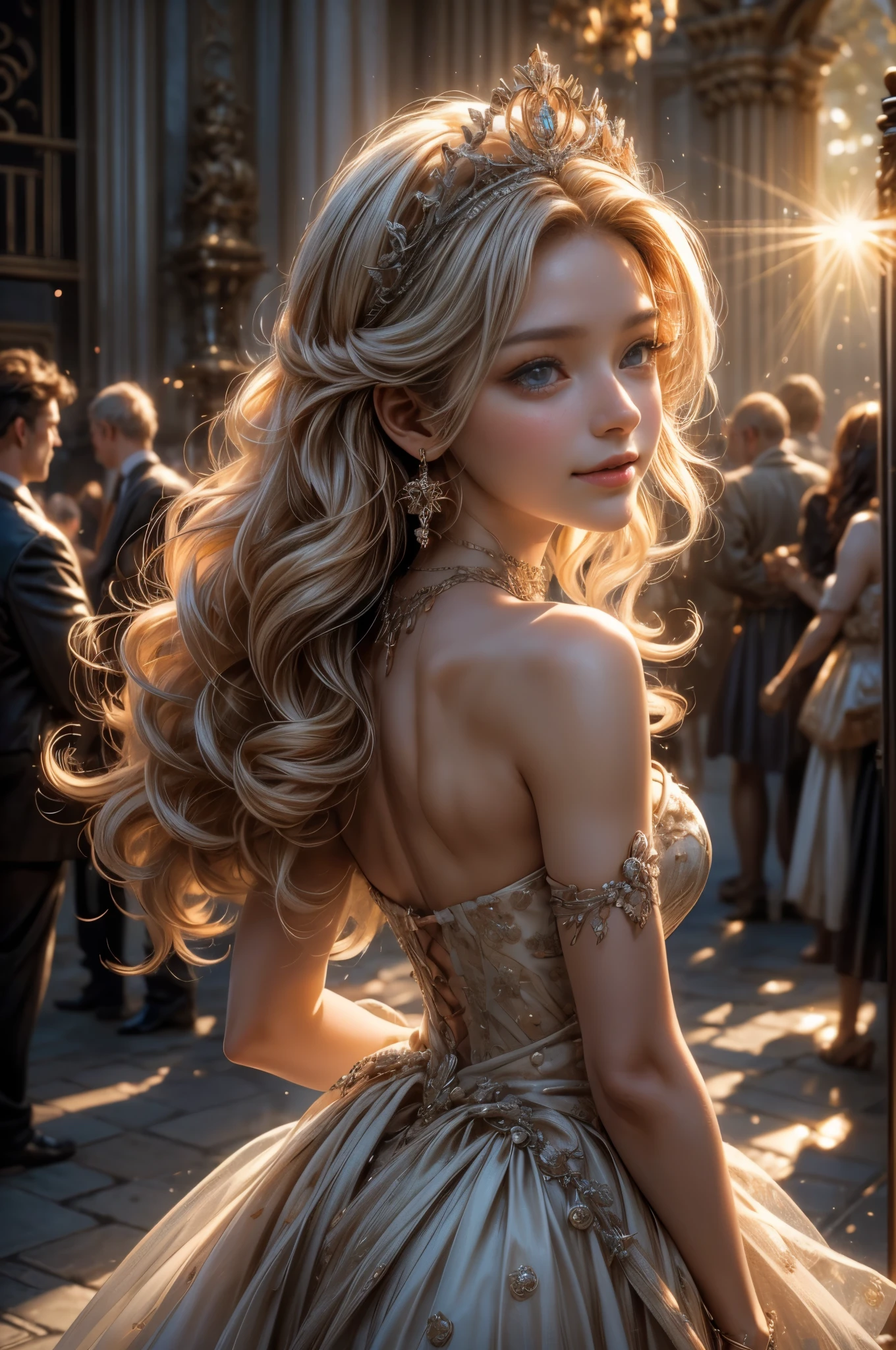 ((RAW shooting:1.5, realistic:1.5, 8K, highest quality, masterpiece, ultra high resolution)), Inside the luxurious British Royal Palace, professional camera work:1.3, Highly detailed skin and facial textures:1.3, glow light effect, Super detailed:1.3, cute 15 year old british princess, Fair skin, Glossy skin, (elegant:1.4, small face), Ultimate Cute Face:1.5, (cute eyes:0.9, looking far away), smile:1.0, (mouth slightly open:0.4, Cute mouth:0.7), double eyelid, ((super long white blonde curly hair)), tiara, necklace and earrings, ((elegantで光沢のあるサテンのプリンセスドレスをオフショルダーで正しく着こなす方法)), big breasts, cowboy shot, ((sunrise, sunlight shining from behind:1.6, Strong sunlight spreads across the screen:1.6)), ((Strong sunlight shines on a woman:1.7))