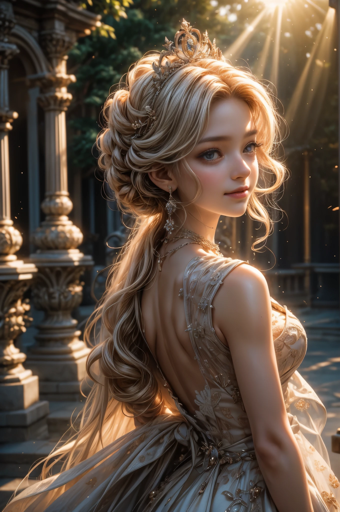 ((RAW shooting:1.5, realistic:1.5, 8K, highest quality, masterpiece, ultra high resolution)), Inside the luxurious British Royal Palace, professional camera work:1.3, Highly detailed skin and facial textures:1.3, glow light effect, Super detailed:1.3, cute 15 year old british princess, Fair skin, Glossy skin, (elegant:1.4, small face), Ultimate Cute Face:1.5, (cute eyes:0.9, looking far away), smile:1.0, (mouth slightly open:0.4, Cute mouth:0.7), double eyelid, ((super long white blonde curly hair)), tiara, necklace and earrings, ((elegantで光沢のあるサテンのプリンセスドレスをオフショルダーで正しく着こなす方法)), big breasts, cowboy shot, ((sunrise, sunlight shining from behind:1.6, Strong sunlight spreads across the screen:1.6)), ((Strong sunlight shines on a woman:1.7))