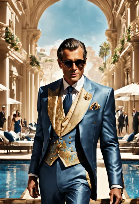 Create a vibrant and captivating scene with a charismatic billionaire and his stylish companions, as they indulge in opulence an...