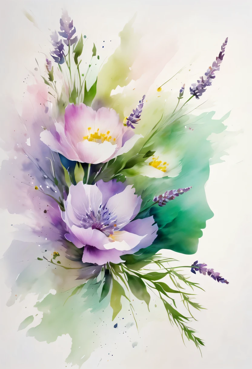 Esta pintura de flores em aquarela apresenta um efeito visual elegante e fresco。Campos de flores silvestres e lavanda，Formando a combinação perfeita de natureza e romance。A tela é dominada por um fundo branco，Destaque flor aquarela isolada。renderizar com tinta，A tecnologia Splash recria condições molhadas，A atmosfera parece vaga e sonhadora。Composição única e expressão abstrata contribuem para a sensação artística da imagem，Contém elementos do surrealismo。O tom geral da cor é principalmente tons claros，Lilás e verde se complementam lindamente，Mostrar detalhes em alta resolução。O efeito splash-ink adiciona um toque de agilidade à imagem，A cor clara confere às flores uma beleza profunda e contida.。