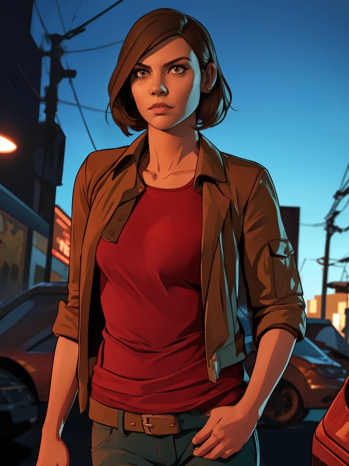 GTA-Stil, GTA-Ladebildschirm, GTA art, (((Allein))), 1 Mädchen, 1 Mädchen, allein, Halbkörperporträt, Porträt von Maggie von TWD, Lauren Cohan Gesicht, in Der Walking Dead-Stil , Fantasie-Meggies aus The Walking Dead, Kleidung im The Walking Dead-Stil, (((Nacht, Nacht))) , sehr detailliert, Detailliertes Gesicht, Epos, High-Definition-Aufnahmen, digitales Porträt, Schön, Art Station, Comic-Stil, ((heißer Körper, heißes Mädchen, Sinnlich, sexy)), Comic, Der Walking Dead-Stil. ((a background destroyed city with Zombies, Zombies)).