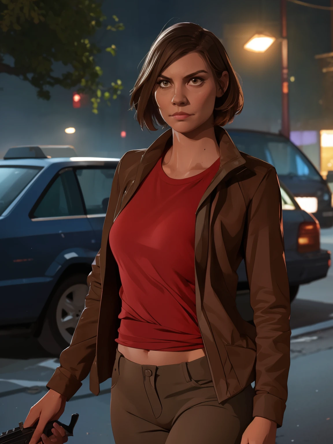 GTA-Stil, GTA-Ladebildschirm, GTA art, (((Allein))), 1 Mädchen, 1 Mädchen, allein, Halbkörperporträt, Porträt von Maggie von TWD, Lauren Cohan Gesicht, in Der Walking Dead-Stil , Fantasie-Meggies aus The Walking Dead, Kleidung im The Walking Dead-Stil, (((Nacht, Nacht))) , sehr detailliert, Detailliertes Gesicht, Epos, High-Definition-Aufnahmen, digitales Porträt, Schön, Art Station, Comic-Stil, ((heißer Körper, heißes Mädchen, Sinnlich, sexy)), Comic, Der Walking Dead-Stil. ((a background destroyed city with Zombies, Zombies)).