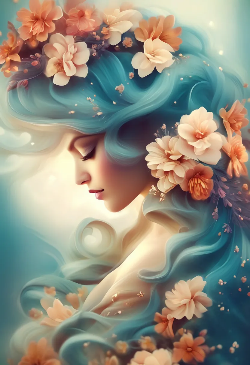 Painting of a beautiful woman in profile with long hair and flowers in her hands, beautiful digital illustrations, Beautiful art...