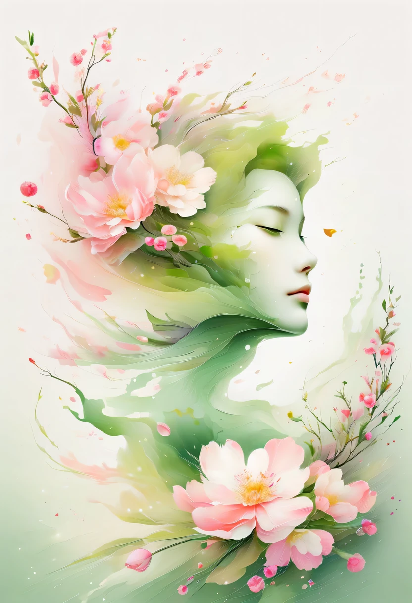 Cette peinture florale à l&#39;aquarelle présente un effet visuel élégant et frais。Fleurs sauvages et fleurs de pêcher entrelacées dans les champs，Formant la combinaison parfaite de nature et de romance。L&#39;écran est dominé par un fond blanc，Mettre en surbrillance une fleur aquarelle isolée。La technologie Splash recrée les conditions humides，L&#39;atmosphère semble vague et rêveuse。Une composition unique et une expression abstraite ajoutent à la sensation artistique de l&#39;image，Contient des éléments du surréalisme。La tonalité générale des couleurs est principalement des tons clairs，Le rose pâle et le vert se complètent，Afficher les détails en haute résolution。L&#39;effet splash-ink ajoute une touche d&#39;agilité à l&#39;image，La couleur claire donne aux fleurs une beauté profonde et sobre.。