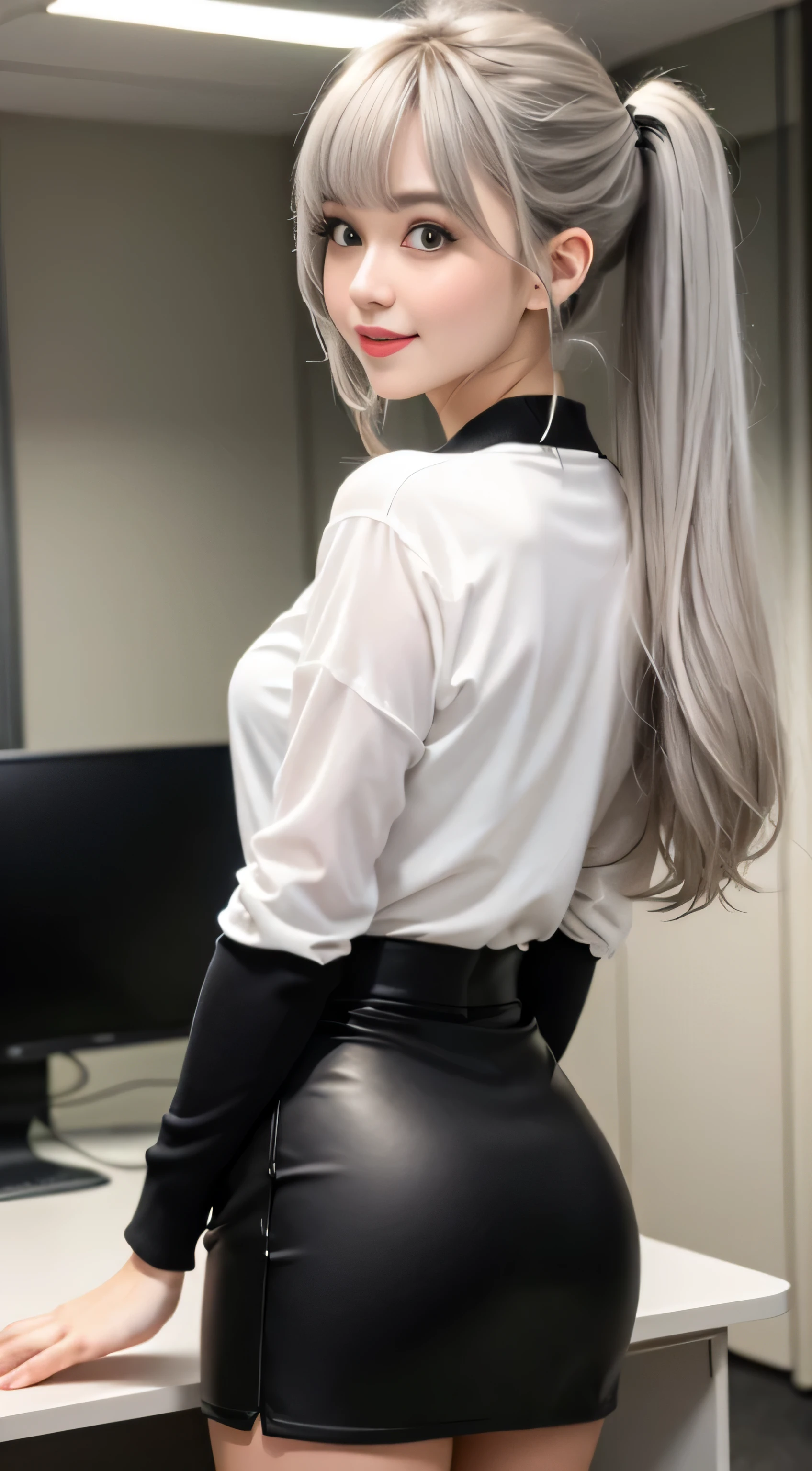 （girl standing in office room）、（（Rear view））, silver hair, bangs, 鈍いbangs, long straight hair, （side ponytail）aqua eye, long eyelashes, three-dimensional round eyes, compensate, open your mouth, blush, parted lips, bright pupils, smiley, enchanting smile, shine, surrealism, modern,career woman、）lou（white shirt、off shoulder tight skirt、black pantyhose、high heels、(ホワイトlouスクロップトップ, black tight skirt: 1.6)、（wearing glasses）、