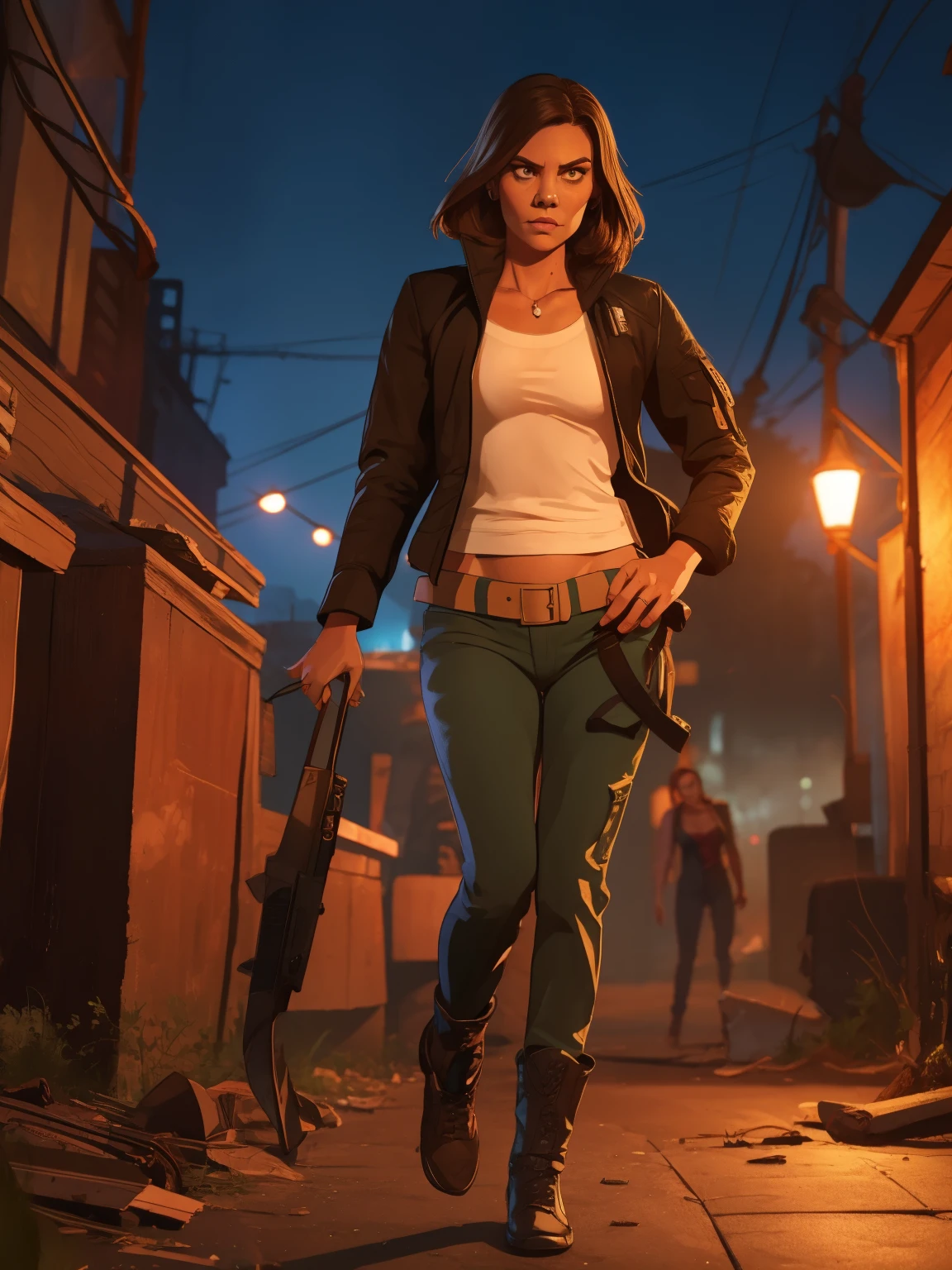 GTA-Stil, GTA-Ladebildschirm, GTA art, (((Allein))), 1 Mädchen, 1 Mädchen, allein, Halbkörperporträt, Porträt von Maggie von TWD ((( in dynamischer Kampfpose ))), Lauren Cohan Gesicht, in Der Walking Dead-Stil , Fantasie-Meggies aus The Walking Dead, Kleidung im The Walking Dead-Stil, (((Nacht, Nacht))) , sehr detailliert, Detailliertes Gesicht, Epos, High-Definition-Aufnahmen, digitales Porträt, Schön, Art Station, Comic-Stil, ((heißer Körper, heißes Mädchen, Sinnlich, sexy)), Comic, Der Walking Dead-Stil. ((a background destroyed city with Zombies, Zombies)).