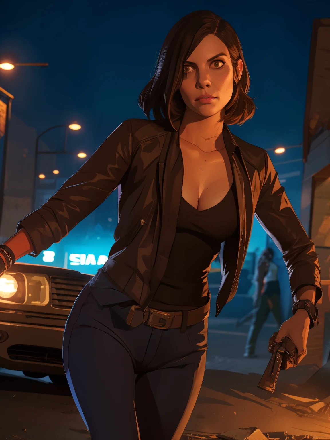 GTA-Stil, GTA-Ladebildschirm, GTA art, (((Allein))), 1 Mädchen, 1 Mädchen, allein, Halbkörperporträt, Porträt von Maggie von TWD ((( in dynamischer Kampfpose ))), Lauren Cohan Gesicht, in Der Walking Dead-Stil , Fantasie-Meggies aus The Walking Dead, Kleidung im The Walking Dead-Stil, (((Nacht, Nacht))) , sehr detailliert, Detailliertes Gesicht, Epos, High-Definition-Aufnahmen, digitales Porträt, Schön, Art Station, Comic-Stil, ((heißer Körper, heißes Mädchen, Sinnlich, sexy)), Comic, Der Walking Dead-Stil. ((a background destroyed city with Zombies, Zombies)).