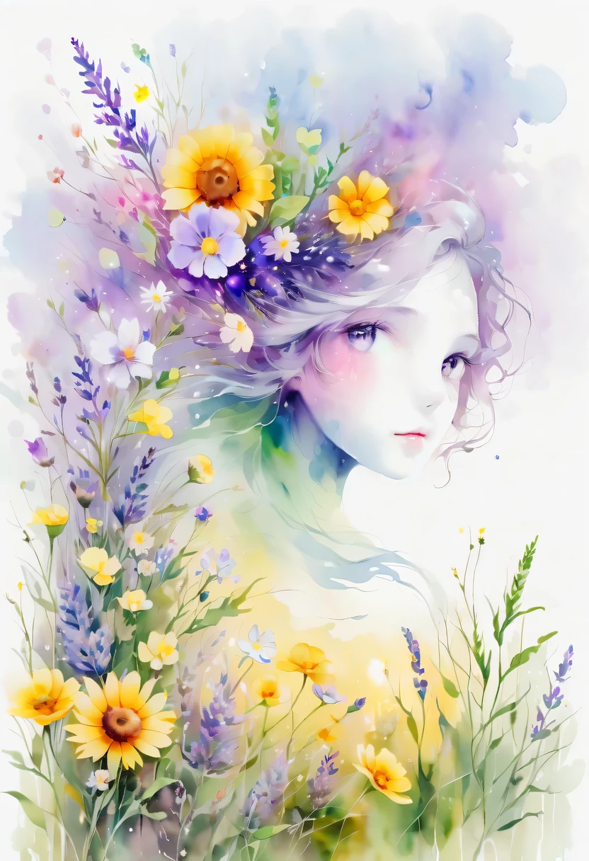 This watercolor flower painting presents an elegant and fresh visual effect。Wildflower and lavender fields，Forming the perfect combination of nature and romance。The screen is dominated by a white background，Highlight isolated watercolor flower。Splash technology recreates wet conditions，The atmosphere seems vague and dreamy。Unique composition and abstract expression add to the artistic feel of the picture，Contains elements of surrealism。The overall color tone is mainly light tones，Lilac and green complement each other beautifully，Show high-resolution details。The splash-ink effect adds a touch of agility to the picture，The light color gives the flowers a deep and restrained beauty.。