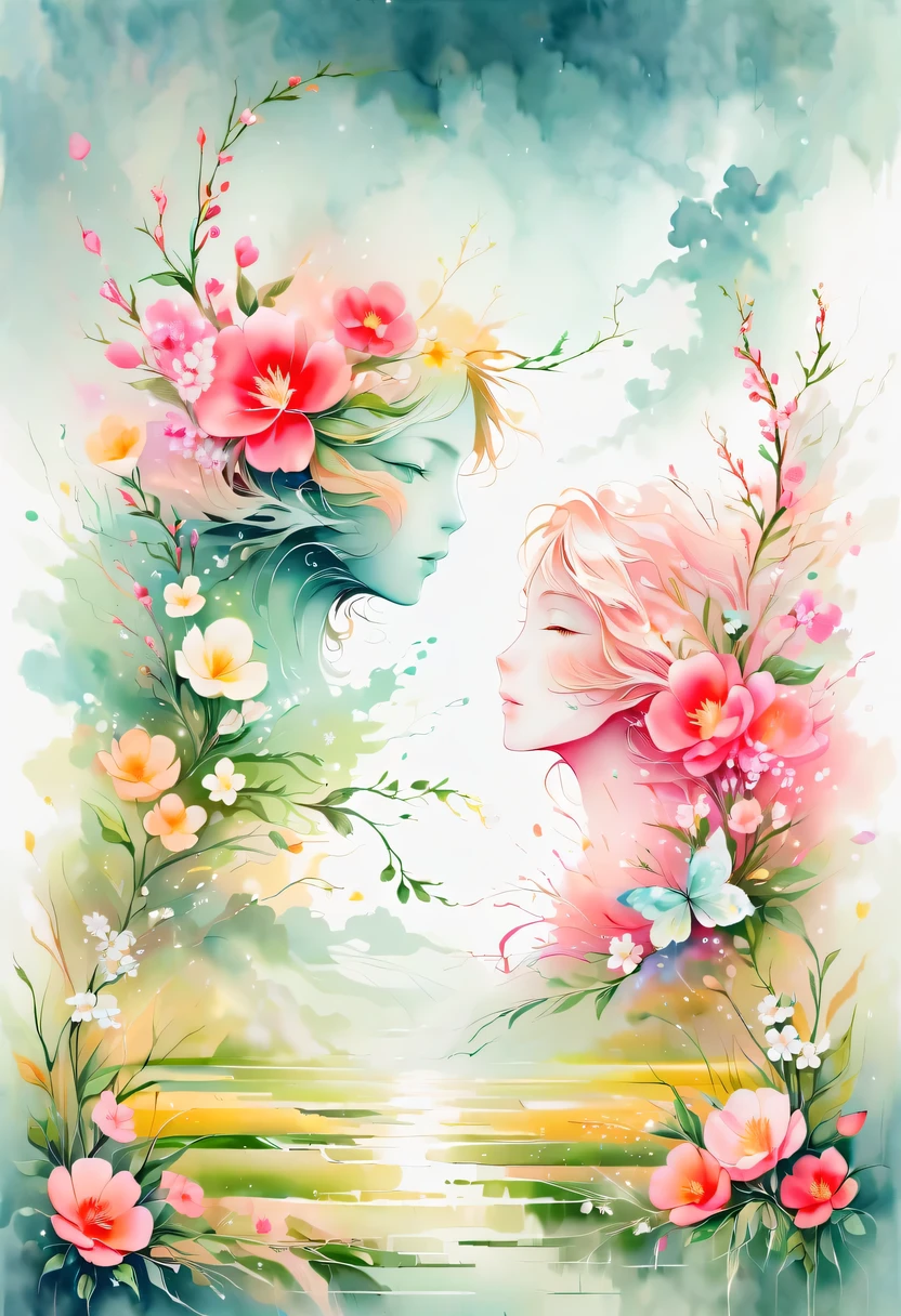 This watercolor flower painting presents an elegant and fresh visual effect。Wild flowers and peach blossoms intertwined in the fields，Forming the perfect combination of nature and romance。The screen is dominated by a white background，Highlight isolated watercolor flower。Splash technology recreates wet conditions，The atmosphere seems vague and dreamy。Unique composition and abstract expression add to the artistic feel of the picture，Contains elements of surrealism。The overall color tone is mainly light tones，Pale pink and green complement each other，Show high-resolution details。The splash-ink effect adds a touch of agility to the picture，The light color gives the flowers a deep and restrained beauty.。