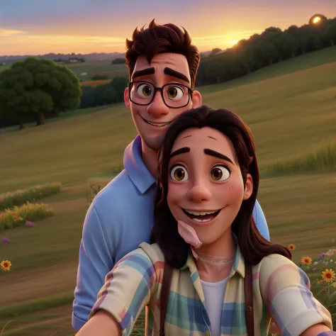 arafed couple taking a selfie in a field at sunset, jordan grimmer and natasha tan, with sunset, during a sunset, 😭🤮 💔, 8k selfi...