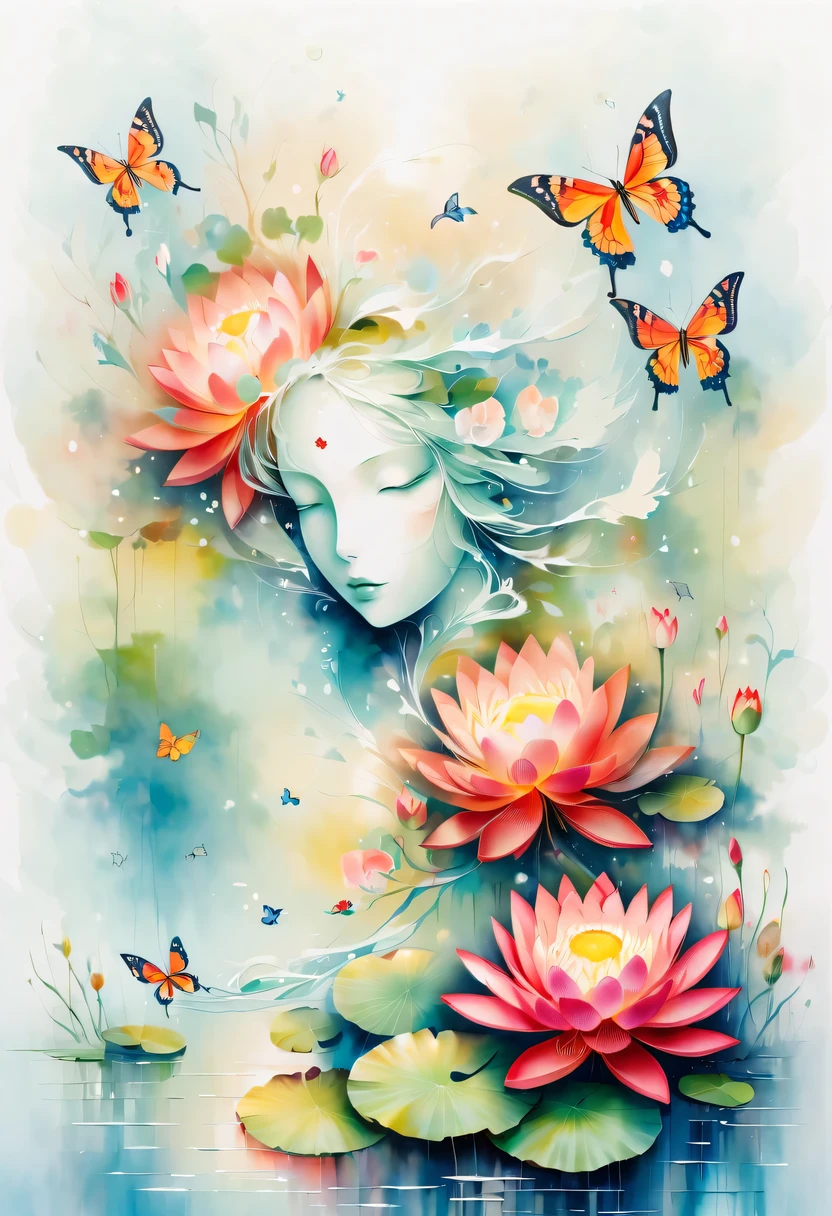 This watercolor flower painting presents an elegant and fresh visual effect。Lotus flowers and butterflies intertwined in the lake，Forming the perfect combination of nature and romance。The screen is dominated by a white background，Highlight isolated watercolor flower。Splash technology recreates wet conditions，The atmosphere seems vague and dreamy。Unique composition and abstract expression add to the artistic feel of the picture，Contains elements of surrealism。The overall color tone is mainly light tones，Red and gold complement each other，Show high-resolution details。The splash-ink effect adds a touch of agility to the picture，The light color gives the flowers a deep and restrained beauty.