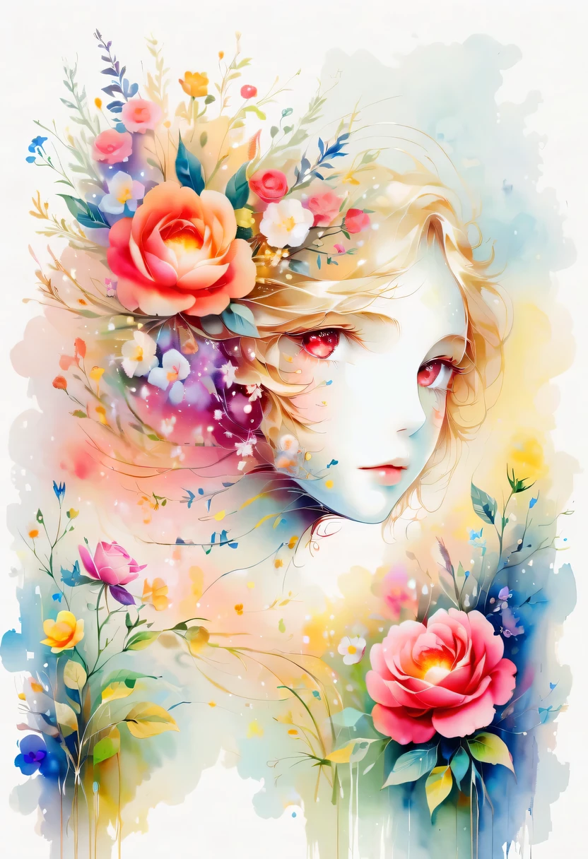 Esta pintura de flores em aquarela apresenta um efeito visual elegante e fresco。Flores silvestres e rosas no campo，Formando a combinação perfeita de natureza e romance。A tela é dominada por um fundo branco，Destaque flor aquarela isolada。A tecnologia Splash recria condições molhadas，A atmosfera parece vaga e sonhadora。Composição única e expressão abstrata contribuem para a sensação artística da imagem，Contém elementos do surrealismo。O tom geral da cor é principalmente tons claros，Vermelho e dourado se complementam，Mostrar detalhes em alta resolução。O efeito splash-ink adiciona um toque de agilidade à imagem，A cor clara confere às flores uma beleza profunda e contida.