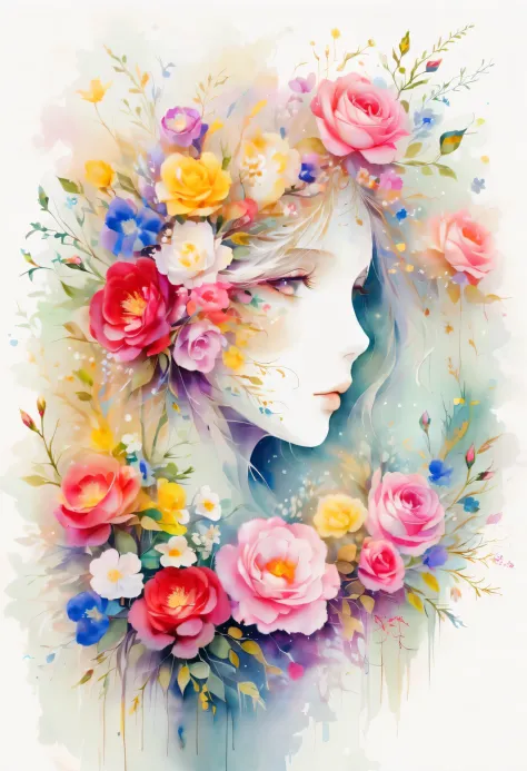 This watercolor flower painting presents an elegant and fresh visual effect。Wildflowers and roses in the field，Forming the perfe...