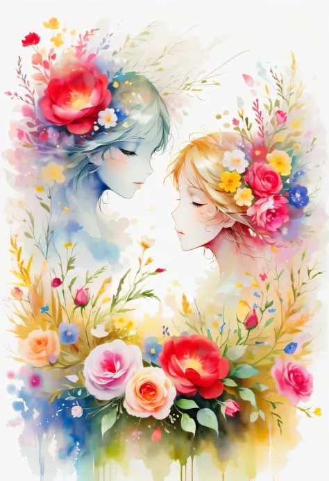 this watercolor flower painting presents an elegant and fresh visual effect。wildflowers and roses in the field，forming the perfe...